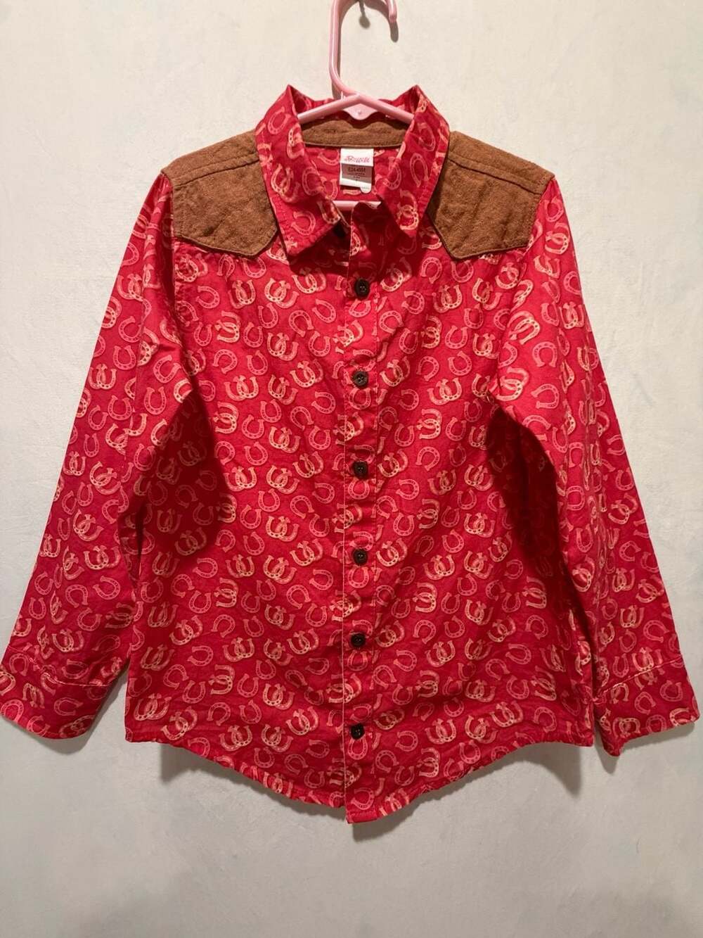 Ricrac & Ruffles Red Horseshoe Print Western Cowboy Shirt Size 7